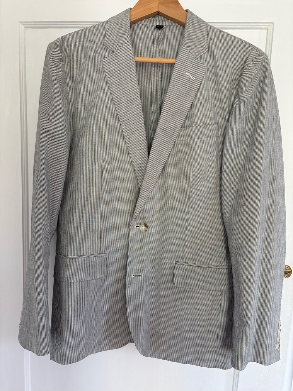 J.Crew Ludlow Gray/Blue Stripe Summerweight Cotton-Linen Unstructured Blazer